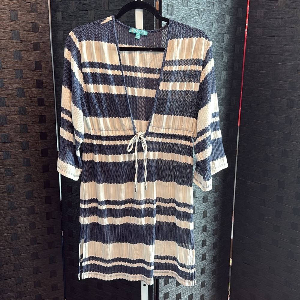 Shore Life Women's Nautical Beach Cover Up Tunic S Multicolor Striped Tie Waist